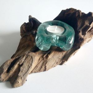 Solid Glass Candle Holder on Wood